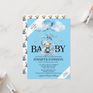 Teder blauwe watercolor teddybeer babyshower kaart