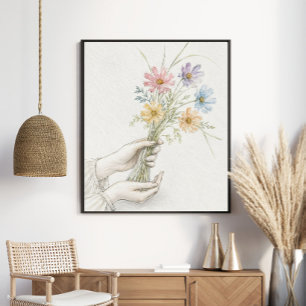 Teder handen die wilde bloemen delen poster