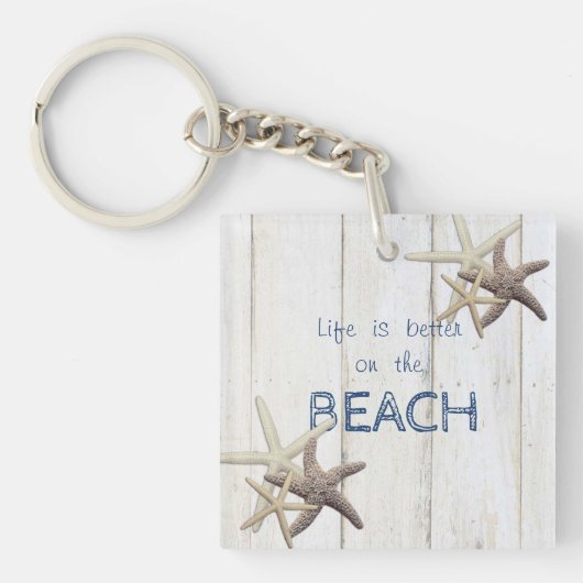 Teder houtstructuur, Zeester, Strand Sleutelhanger (voorkant)