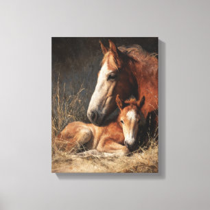 Teder kastanjebruin merrie- en veulenschilderij canvas afdruk