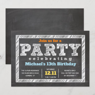 Teen Boy Birthday Invitation Chalkboard Multicolor Kaart