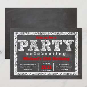 Teen Boy Birthday Invitation, Chalkboard, Red Kaart