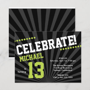 Teen Boy Birthday Invitation, Lime Green en Black Kaart