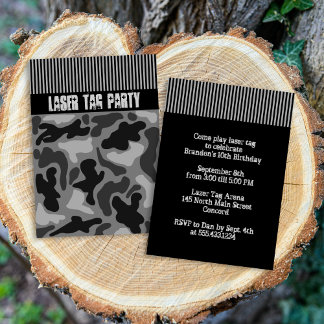 Teen Boy's Black Camo Laser Label Party Invitation Kaart