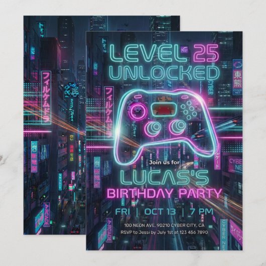 Teen Gamer Birthday Invitation Cyberpunk Game (Devant / Derrière)