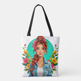 Teen Girl Esthetisch - Bloemen Cartoon Portret Draagtas