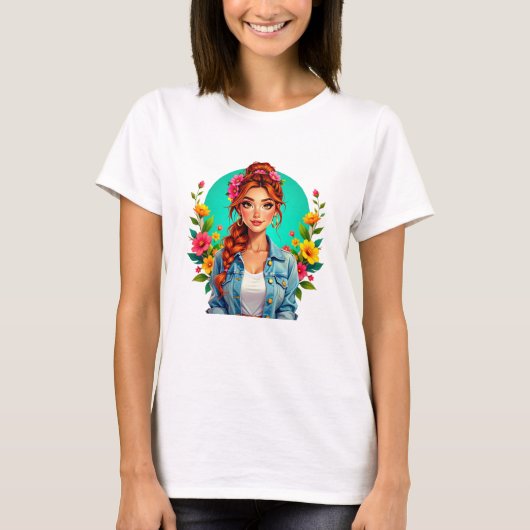 Teen Girl Esthetisch - Bloemen Cartoon Portret T-shirt (Voorkant)