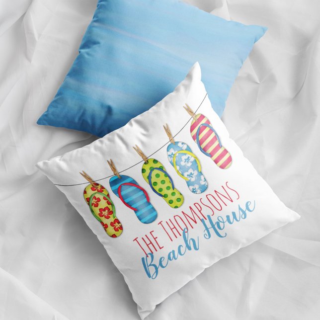 Teenslippers Gepersonaliseerd Whimsical Beach Hous Kussen (Flip flops colorful throw pillow)