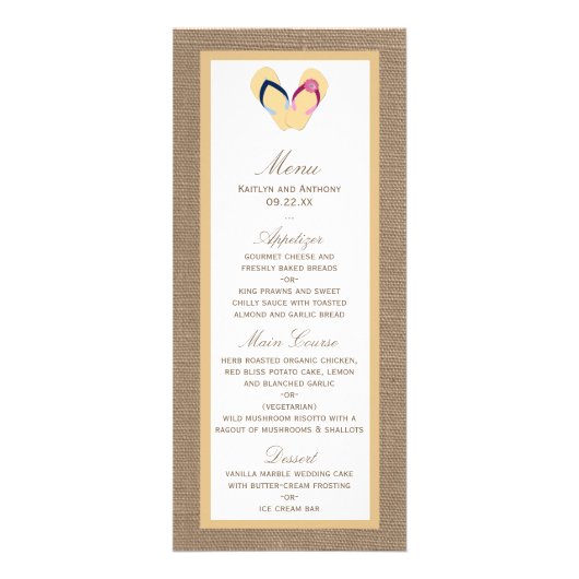 Teenslippers Sandy Beach Burlap Wedding Menu (Voorkant)