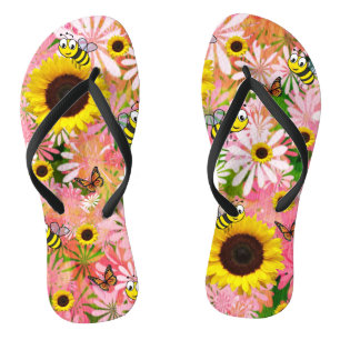 Teenslippers van zonnebloemen, bloemen, vlinderblo