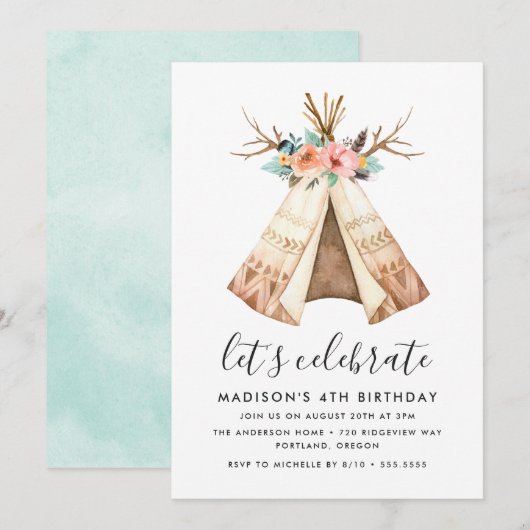 Teepee Floral Bohème | Invitation d'anniversaire (Devant / Derrière)