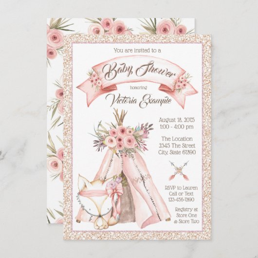 TeePee Fox Baby Shower Uitnodigingen (Voorkant / Achterkant)