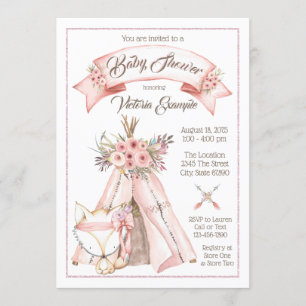 TeePee Fox Tribal Baby Girl Shower Invitations Kaart