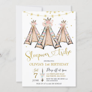 Teepee Pink Floral Girl Sleepover Party Invitation Kaart