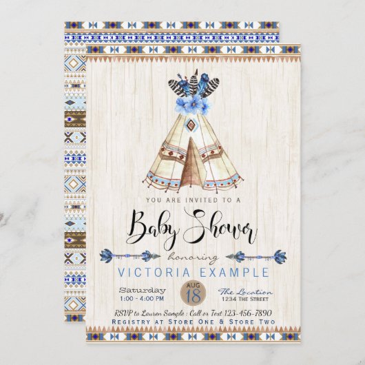 Teepee Tribal Boys Baby Shower Invitations (Devant / Derrière)