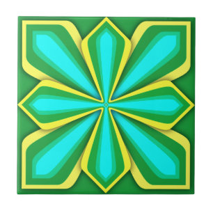 Tegel, Abstracte Bloem, Groen Geel Cyaan Tegeltje