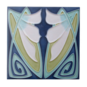Tegel - Art Nouveau Blue Background White Flowers Tegeltje