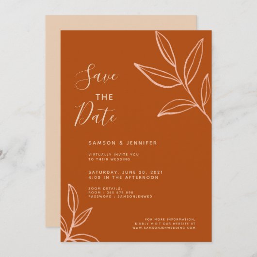 Tegel Bladeren Save the Date Virtuele Trouw Kaart (Voorkant / Achterkant)