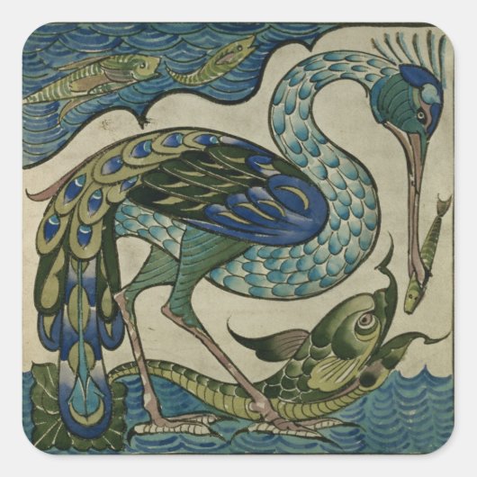 Tegel ontwerp van reiger en vis, door Walter Crane Vierkante Sticker (Voorkant)