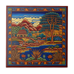 Tegel van de Mexicaanse Huichol-stijl, landschapsk Tegeltje
