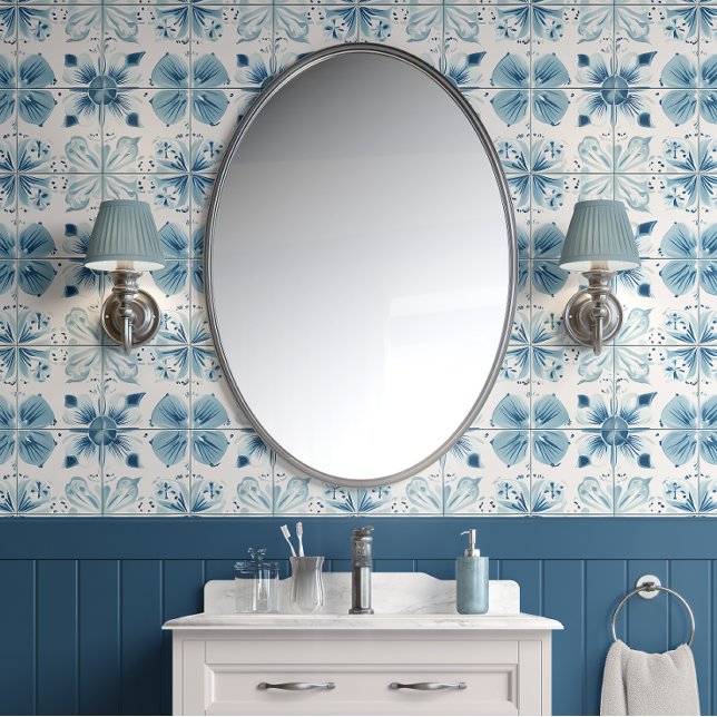 Tegelde Ocean Bloom - Blauwgroen, Wit - Kust Behang (Oceanic Blossom Tile Peel and Stick Wallpaper )