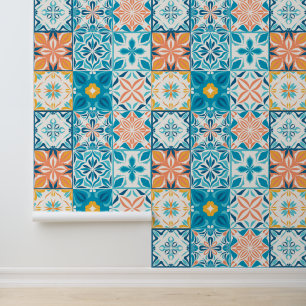 tegels in blauw en oranje behang