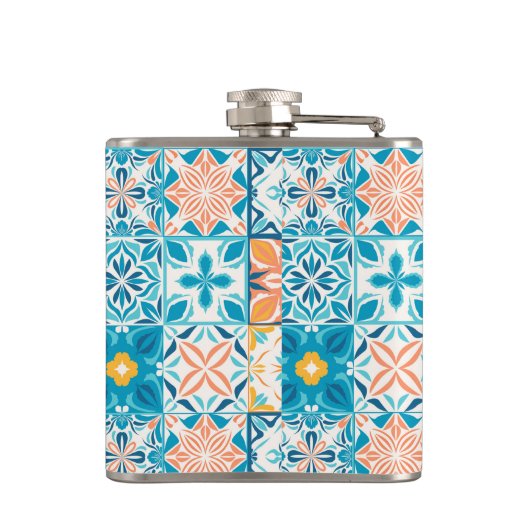 tegels in blauw en oranje heupfles (Achterkant)