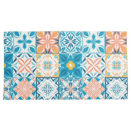 tegels in blauw en oranje kussensloop (Voorkant-Rechts)