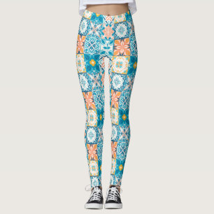 tegels in blauw en oranje leggings