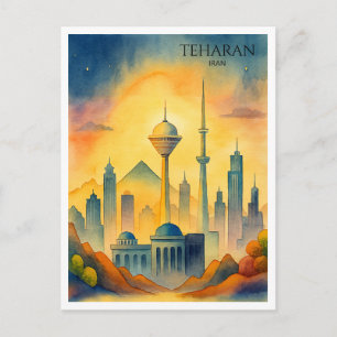 Teheran Iran Silhouette Waterverf Stadsgezicht Feestdagenkaart