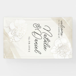 Teken voor de bruiloft met witte pioenrozen in blo spandoek