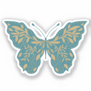 Tekenblauw en gouden botanische vlinder sticker