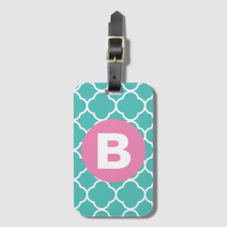 Tekenblauw Quatrefoil Patroon Aangepaste Roze Mono Bagagelabel