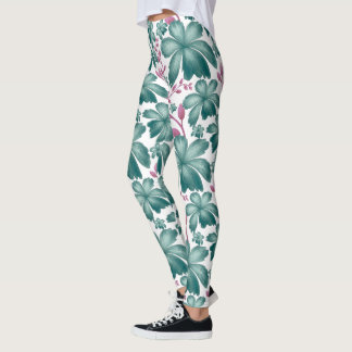 Tekenblauw waterverf bloempatroon met roze botanis leggings