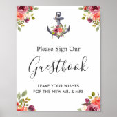 Tekenboek voor trouwgasten met anker en bloemen poster (Voorkant)