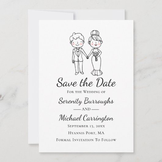 Tekenfilm Bruid Bruidegom  Trouwen Datum Reservere Kaart (Voorkant)
