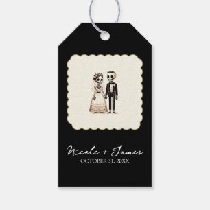 Tekenfilm skelet bruid + bruidegom grillige bruilo cadeaulabel