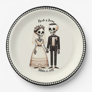 Tekenfilm Skelet Bruid + Bruidegom Whimsical Huwel Papieren Bordje