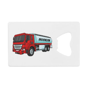 Tekenfilmillustratie van brandstoftankwagen kredietkaart flessenopener
