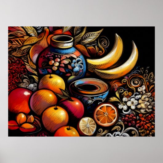 Tekening Gestileerde Stilleven Vaas Fruit Poster (Voorkant)