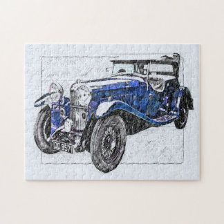 Tekening illustratie blauwe vintage-auto legpuzzel