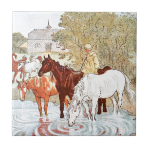 tekening: Paarden Drink uit een vijver Tegeltje