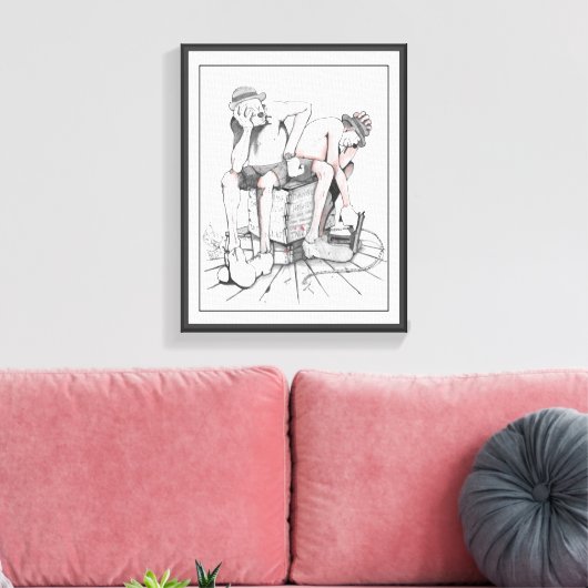 Tekening, twee clowns bewaken T.N.T Canvas Afdruk (Insitu (Woonkamer))