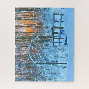 Tekening van een de winterlandschap bij legpuzzel