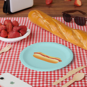 Tekening van een hotdogstrip op een blauwe achterg papieren bordje