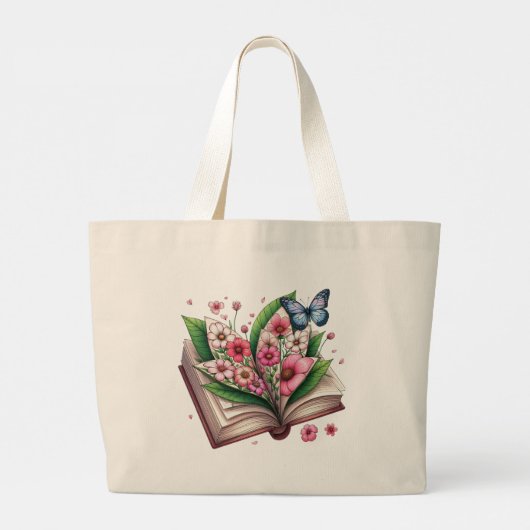 Tekening van een open boek met bloem grote tote bag (Achterkant)