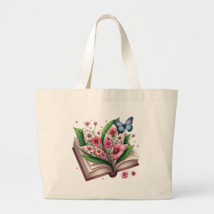 Tekening van een open boek met bloem grote tote bag