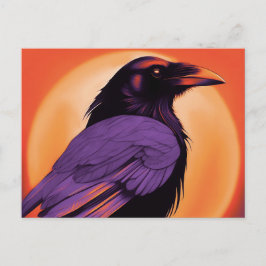 Tekening van een raaf op een neon oranje achtergro briefkaart