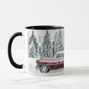 Tekening van een Rode Auto en Kerstbomen Mok