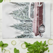 Tekening van een Rode Auto en Kerstbomen Theedoek (Gevouwen)